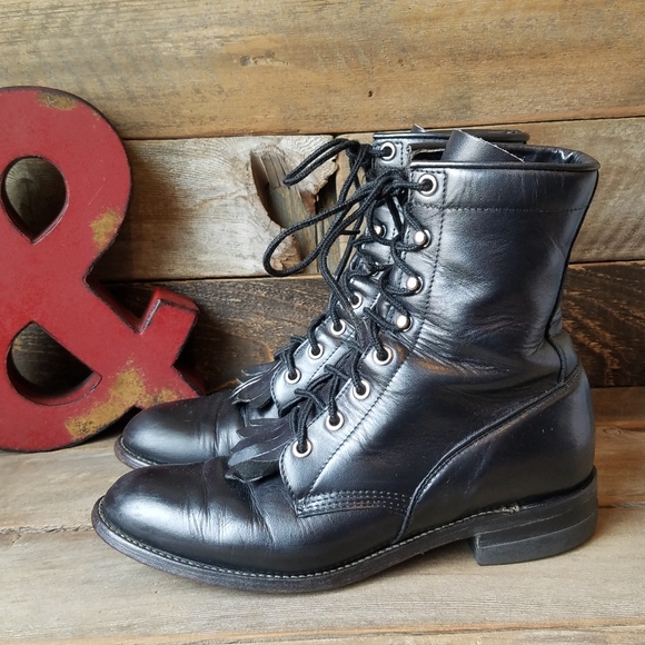 Justin Boots Shoes - Vtg Justin Black Leather Lace Up Heel Boots Size 6
